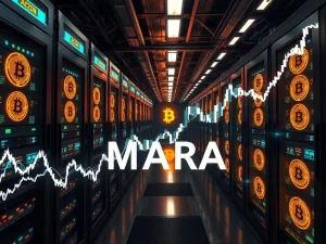 Bitcoin mining facility with glowing servers and stock charts showing MARA Holdings' earnings surge