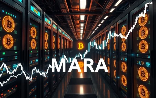 Bitcoin mining facility with glowing servers and stock charts showing MARA Holdings' earnings surge