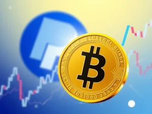 Bitcoin and Ethereum price charts with PayPal logo reflecting crypto market volatility