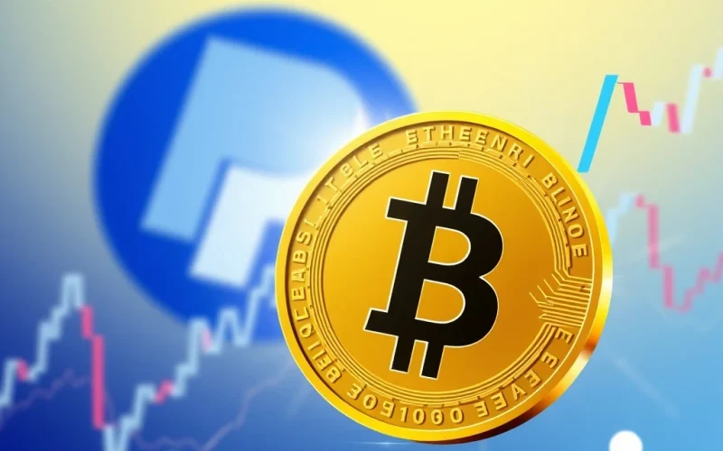 Bitcoin and Ethereum price charts with PayPal logo reflecting crypto market volatility