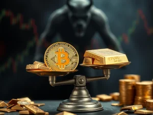 Bitcoin and gold bars on a scale amid a bear market backdrop