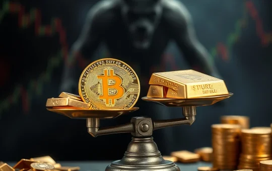 Bitcoin and gold bars on a scale amid a bear market backdrop