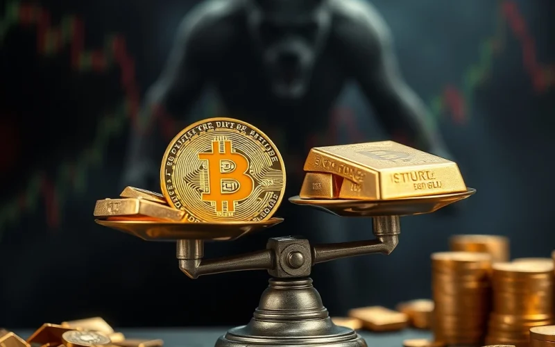 Bitcoin and gold bars on a scale amid a bear market backdrop