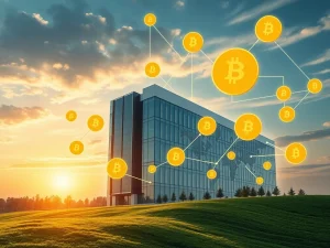 A visual representation of Bitcoin's growing influence in corporate finance, showing digital currency flowing into a company building, symbolizing Bitcoin payment integration and significant investment.