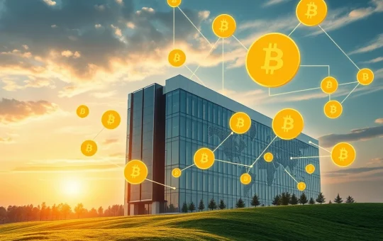 A visual representation of Bitcoin's growing influence in corporate finance, showing digital currency flowing into a company building, symbolizing Bitcoin payment integration and significant investment.