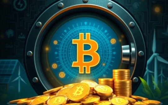 A secure digital network with Bitcoin symbols and traditional finance elements, illustrating the potential of pension funds in Bitcoin investments through BTCMiner's upgraded platform.
