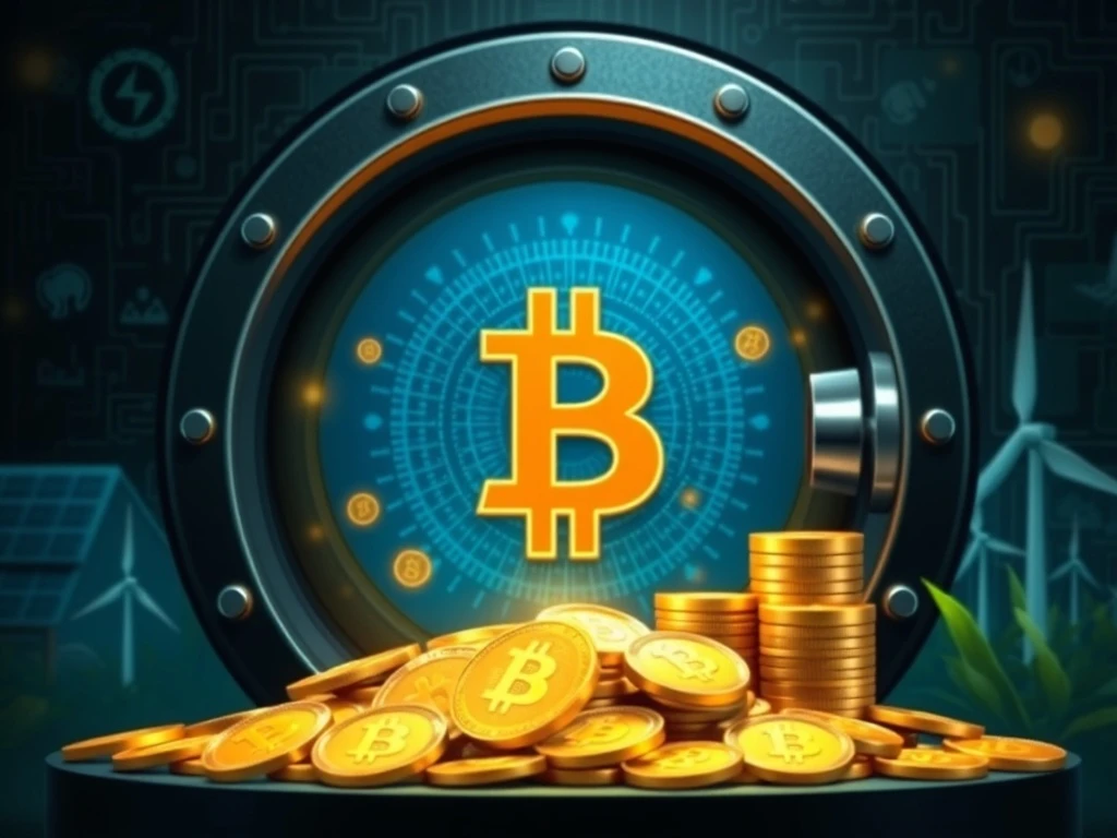 A secure digital network with Bitcoin symbols and traditional finance elements, illustrating the potential of pension funds in Bitcoin investments through BTCMiner's upgraded platform.