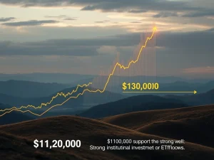 A digital chart depicting a strong upward trend for Bitcoin price, illustrating its potential surge to $130,000, with a clear $110,000 support line indicating market stability.