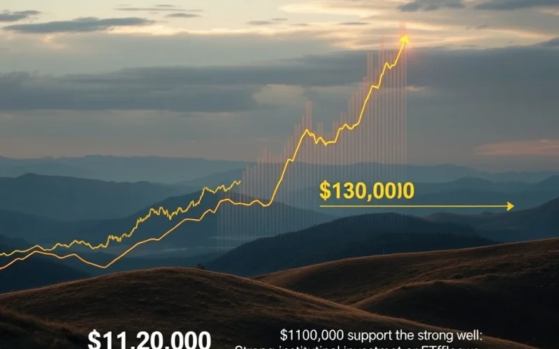 A digital chart depicting a strong upward trend for Bitcoin price, illustrating its potential surge to $130,000, with a clear $110,000 support line indicating market stability.
