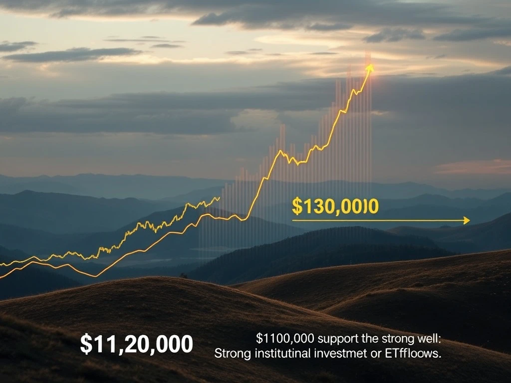 A digital chart depicting a strong upward trend for Bitcoin price, illustrating its potential surge to $130,000, with a clear $110,000 support line indicating market stability.