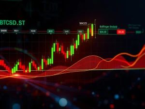 A detailed chart illustrating BTCUSDT technical analysis, showing price movements and various trading indicators, providing a comprehensive Bitcoin price analysis.