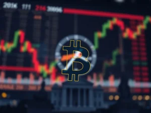 Bitcoin price chart alongside financial news headlines and a clock, illustrating the anticipation for the Fed decision and its impact on the crypto market.