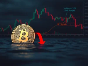 A chart illustrating an alarming Bitcoin price drop with a bearish RSI divergence and a significant CME gap, indicating a looming market downturn.