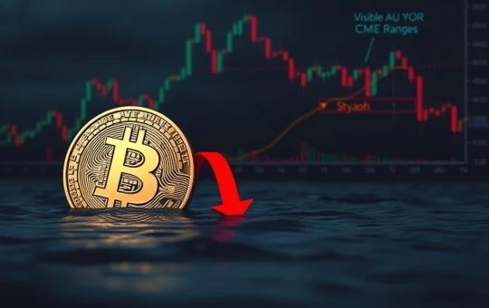 A chart illustrating an alarming Bitcoin price drop with a bearish RSI divergence and a significant CME gap, indicating a looming market downturn.