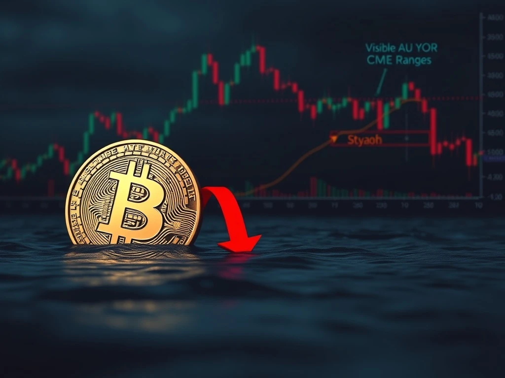A chart illustrating an alarming Bitcoin price drop with a bearish RSI divergence and a significant CME gap, indicating a looming market downturn.