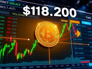 Bitcoin price chart showing resistance at $120,000 and support at $112,000 ahead of FOMC decision.