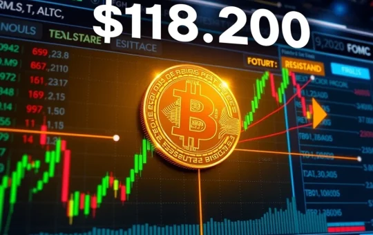 Bitcoin price chart showing resistance at $120,000 and support at $112,000 ahead of FOMC decision.