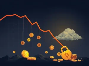 A digital chart showing a sharp decline in Bitcoin price, representing the crypto market plunge and altcoin liquidations.