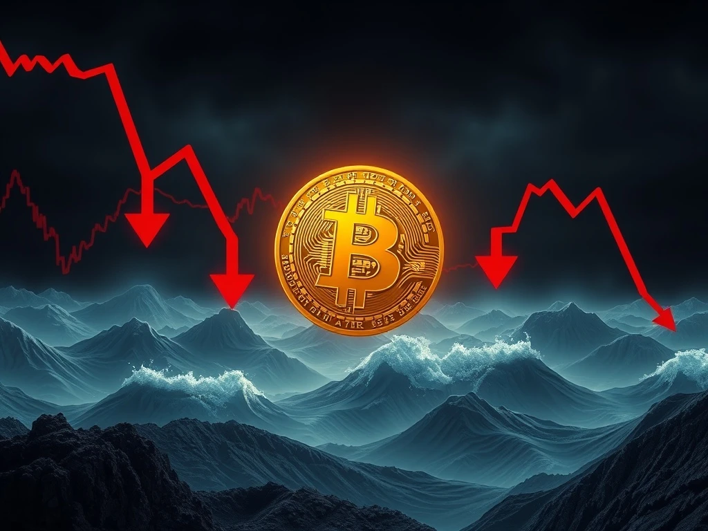 A digital chart showing a sharp decline in Bitcoin price, representing the crypto market plunge and altcoin liquidations.