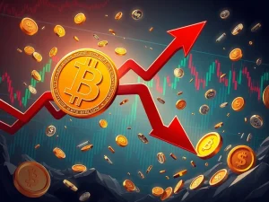 A visual representation of a significant Bitcoin Price Drop, showing the cryptocurrency's value falling amidst market turmoil.