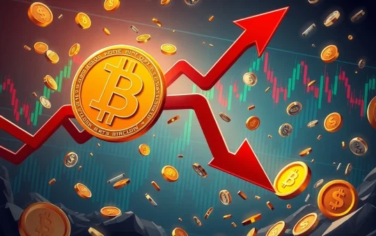 A visual representation of a significant Bitcoin Price Drop, showing the cryptocurrency's value falling amidst market turmoil.
