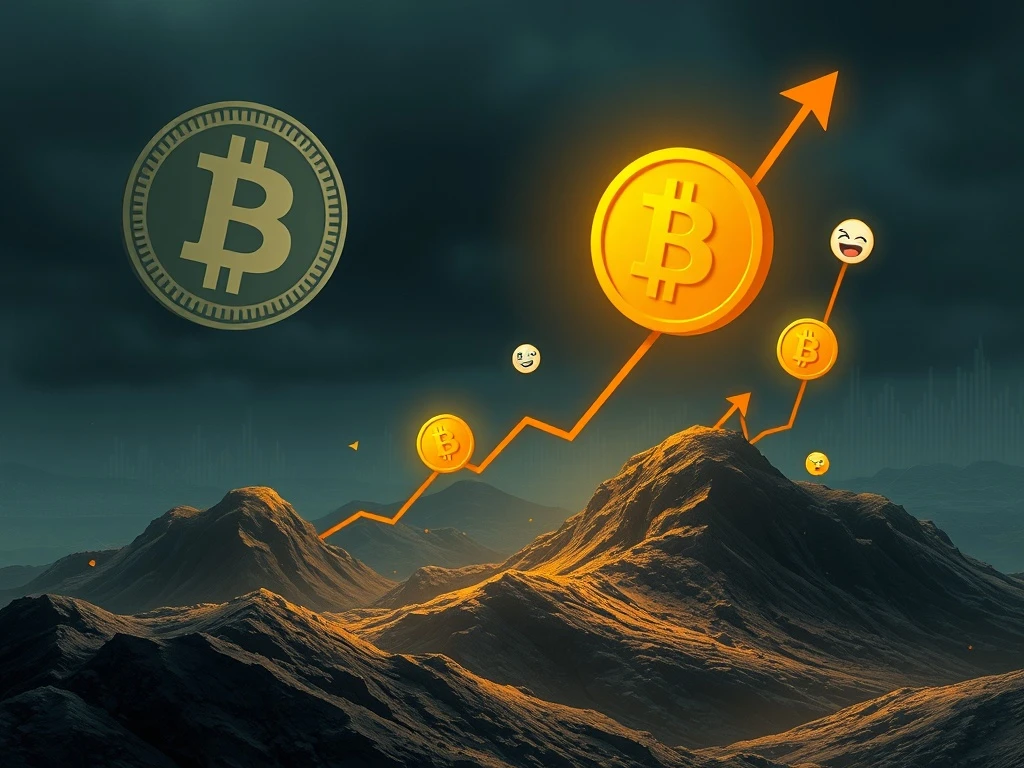 A visual representation of the crypto market's current state, showing Bitcoin price declining while memecoins surge, illustrating crypto volatility.