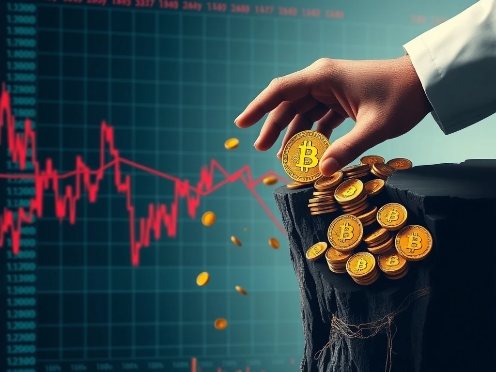 A dramatic downward chart arrow and Bitcoin coins falling, illustrating the sudden Bitcoin price drop after Galaxy Digital's massive BTC sell-off.