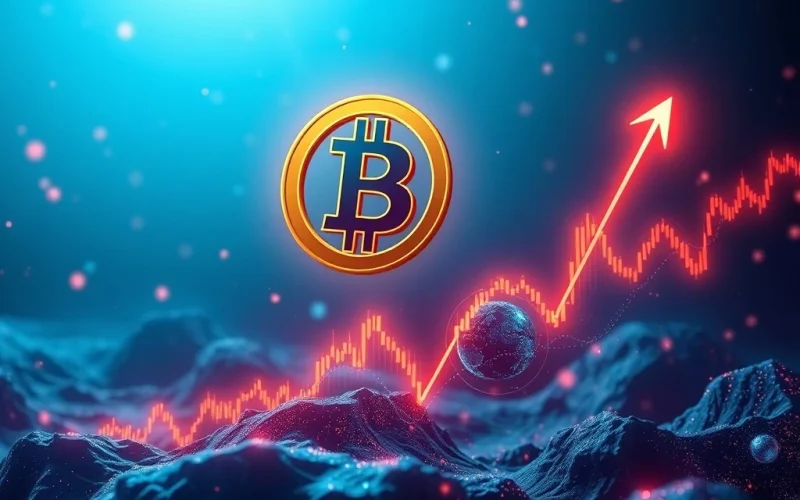 A visual representation of a surging Bitcoin price chart with an upward arrow, highlighting the potential for a Bitcoin rally.