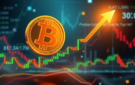 A digital chart showing Bitcoin price breaking resistance from a pennant pattern, indicating a potential surge to $135K. Highlights BTC analysis.