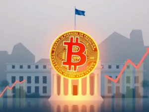 Chart showing a Bitcoin price surge, indicating its growing influence on US fiscal stability and Treasury demand.