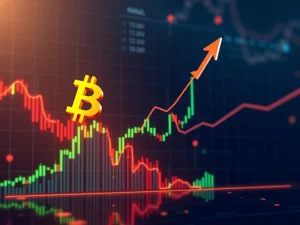 Bitcoin price chart showing an upward trend, indicating bullish momentum and breaking past key resistance levels, representing market growth.