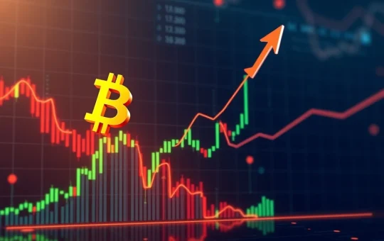 Bitcoin price chart showing an upward trend, indicating bullish momentum and breaking past key resistance levels, representing market growth.