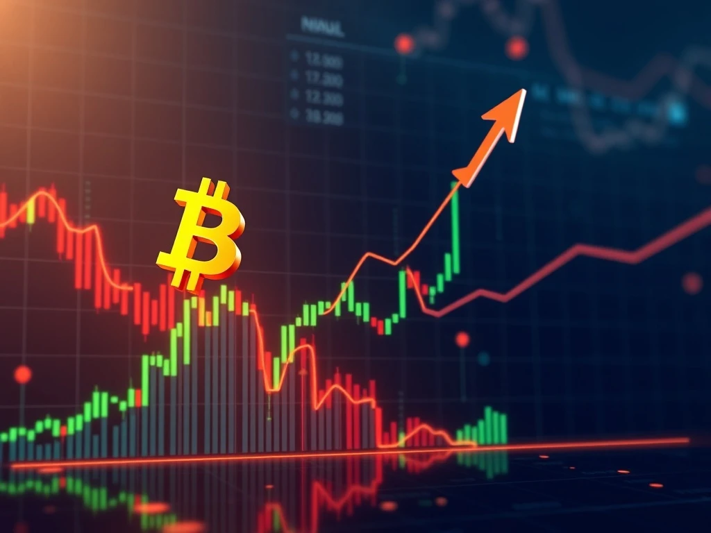Bitcoin price chart showing an upward trend, indicating bullish momentum and breaking past key resistance levels, representing market growth.