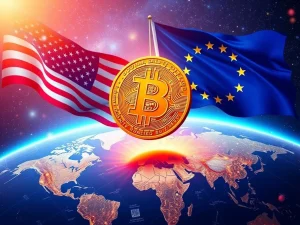 Bitcoin price surge depicted with charts and global trade symbols, illustrating market optimism from US-EU deal and Fed reports.