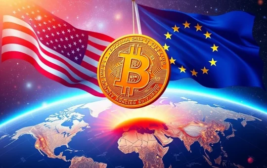 Bitcoin price surge depicted with charts and global trade symbols, illustrating market optimism from US-EU deal and Fed reports.