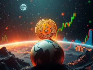 Bitcoin price surge depicted with charts rising against a backdrop of global trade negotiation tables and institutional investment symbols.