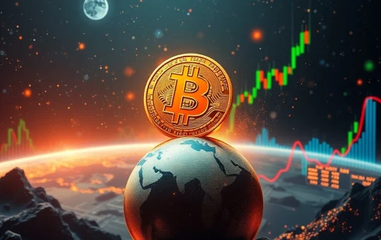 Bitcoin price surge depicted with charts rising against a backdrop of global trade negotiation tables and institutional investment symbols.