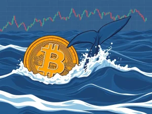 Bitcoin price chart showing a dip, with whale activity influencing market volatility. A critical resistance level is highlighted.