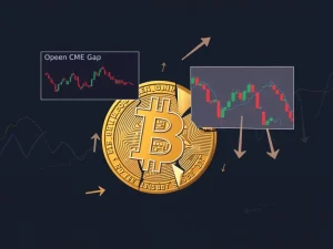 A visual representation of Bitcoin's market challenges, highlighting bearish RSI divergence and CME gaps, signaling a potential Bitcoin price drop.
