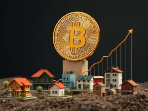 A conceptual image illustrating Bitcoin as a powerful digital asset contrasting with traditional real estate, symbolizing a shift in investment strategies for wealth building.