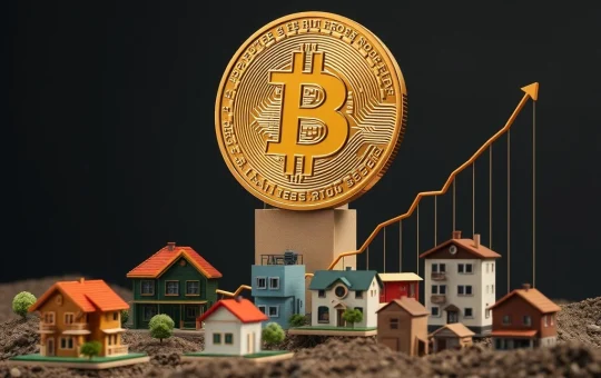 A conceptual image illustrating Bitcoin as a powerful digital asset contrasting with traditional real estate, symbolizing a shift in investment strategies for wealth building.