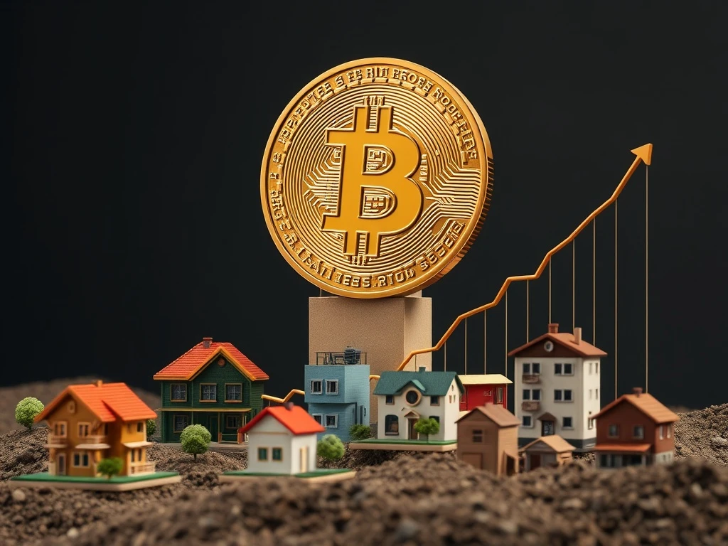 A conceptual image illustrating Bitcoin as a powerful digital asset contrasting with traditional real estate, symbolizing a shift in investment strategies for wealth building.