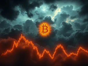 Bitcoin price volatility with downward trend and stormy financial backdrop