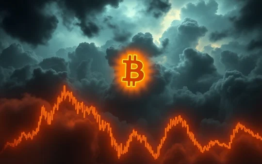 Bitcoin price volatility with downward trend and stormy financial backdrop