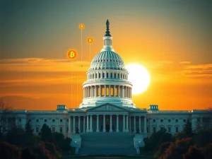 An abstract depiction of the US Capitol building with Bitcoin symbols rising above it, representing the potential for a Bitcoin surge and US crypto leadership.