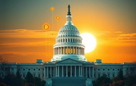 An abstract depiction of the US Capitol building with Bitcoin symbols rising above it, representing the potential for a Bitcoin surge and US crypto leadership.