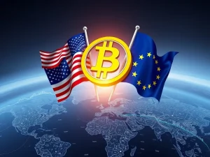 A chart showing a significant Bitcoin surge, with US and EU flags in the background, symbolizing the positive impact of the new tariff agreement on crypto markets.