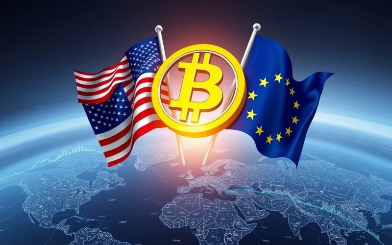 A chart showing a significant Bitcoin surge, with US and EU flags in the background, symbolizing the positive impact of the new tariff agreement on crypto markets.