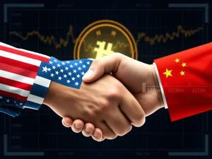 An illustration showing the US-China tariff truce bringing temporary stability to global markets, impacting Bitcoin price.