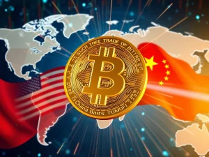 A Bitcoin symbol prominently displayed against a backdrop of a world map, representing the positive impact of a potential US-China tariff truce on the crypto market.